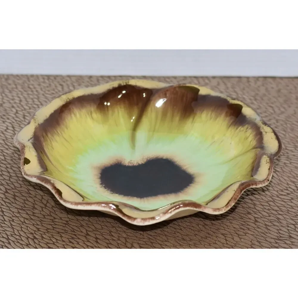 Bay Keramik West German MCM Pansy Flower Yellow Green & Gold Glaze Ceramic Bowl